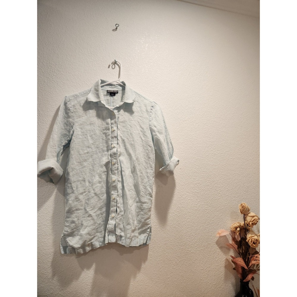 Lands' End Linen Shirt Women's Size 6 Long‎ Tunic Button Up 100% Linen Blue